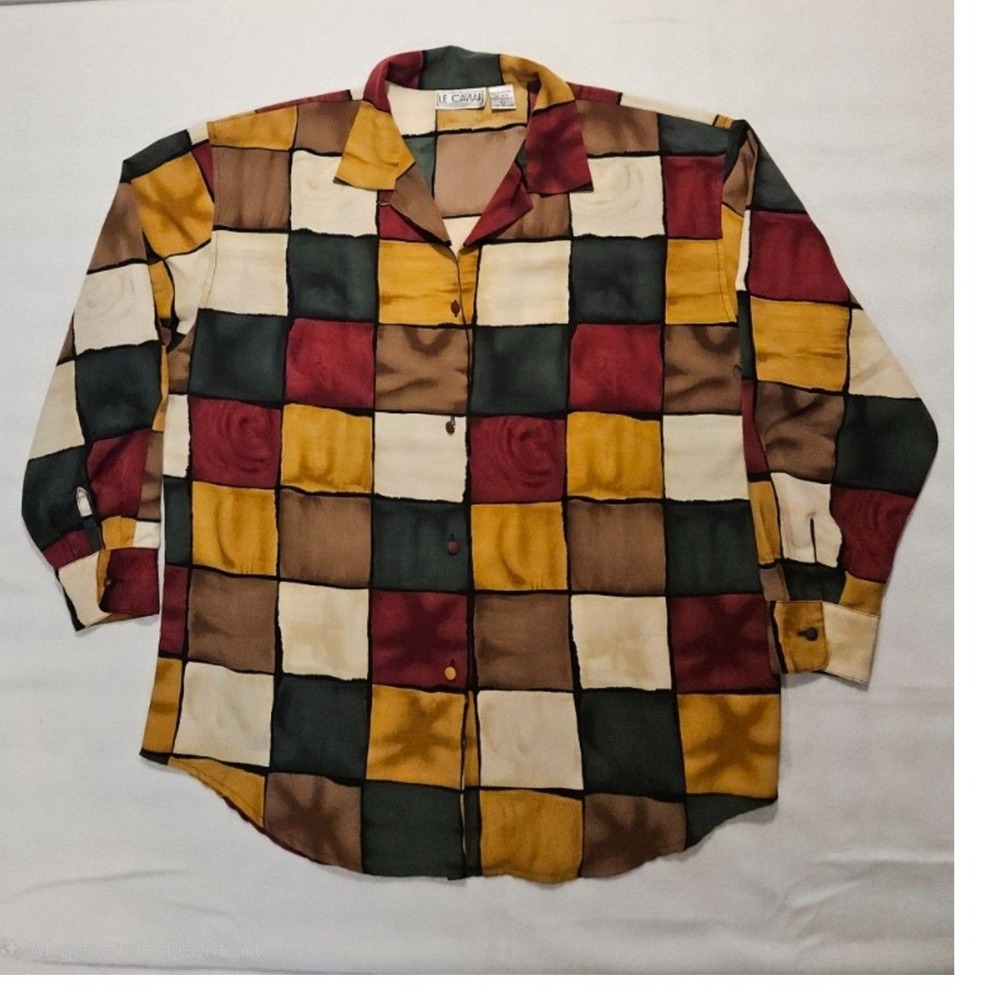 Le Caviar Vintage Patchwork Button Down Shirt Large Multi Color Retro Geometric